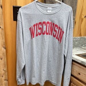 New but washed Gildan Gray Long Sleeve with Red Wisconsin PrintMen’s size XL